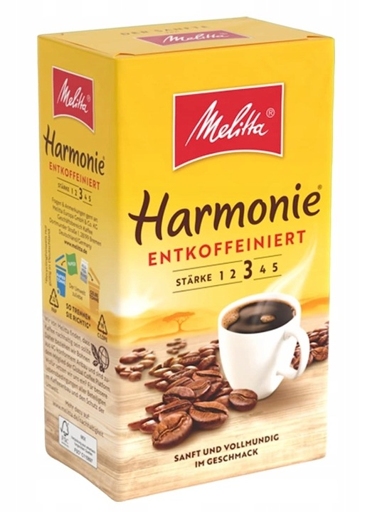 Melitta Harmonie Entcoff. bezkofeinowa kawa mielona 500g Import z Niemiec