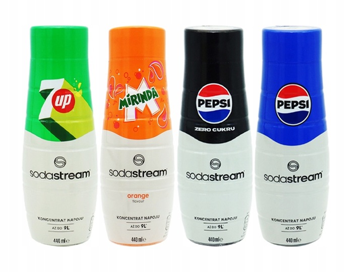 4x SYROP KONCENTRAT SODASTREAM 7UP MIRINDA PEPSI / MAX 9L NAPOJU z 440ml
