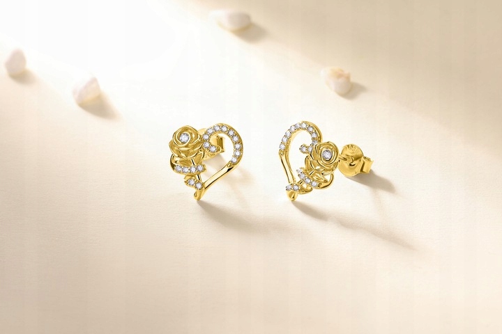 Srebrne kolczyki serca róże wkrętki sztyfty srebro 925 pozłacane oryginalne