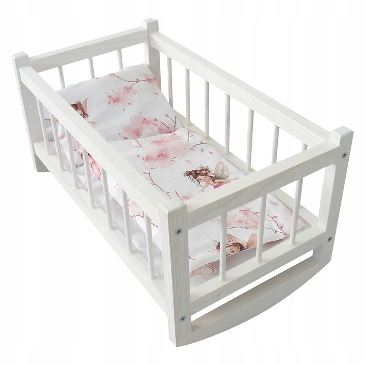 DREWNIANA KOŁYSKA ŁÓŻECZKO DLA LALEK BIAŁE POŚCIEL ELFIK NA PREZENT POKÓJ