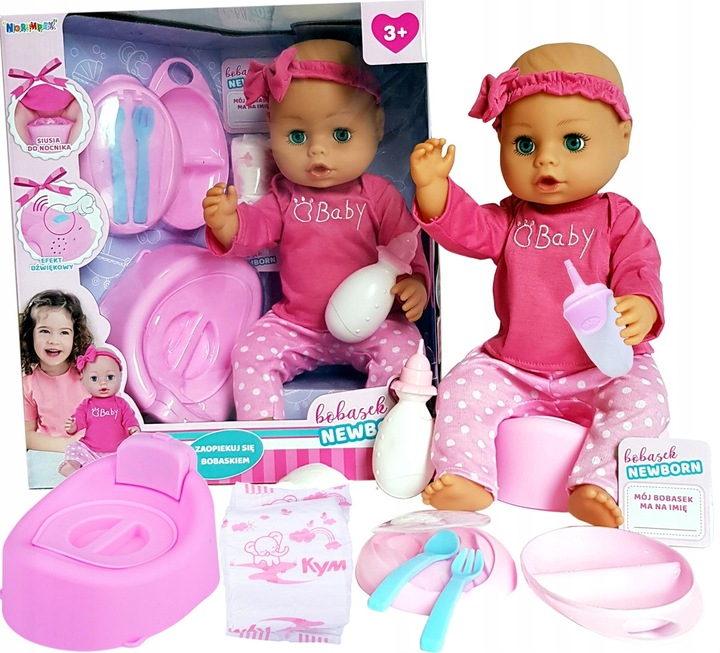 LALKA SIKAJĄCA BOBAS 43cm NEW BORN Bobasek BUTELKA NOCNIK pielucha