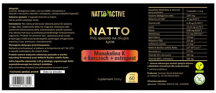 Natto Active Monakolina K K2 MK7 Nattokinaza – 60 kapsułek