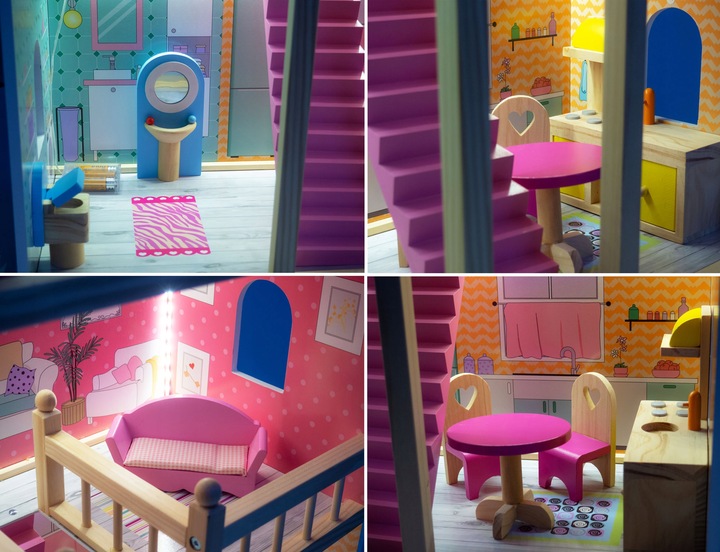 Domek dla Lalek Drewniany Duży Oświetlenie LED Mebelki 3 Poziomy - XL 90cm