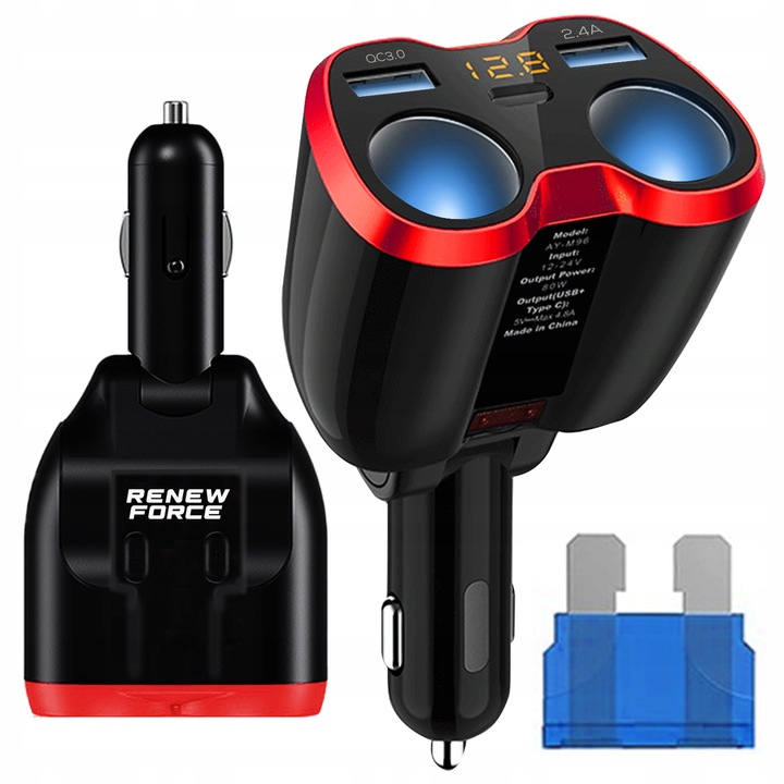 Rozdzielacz Gniazda Zapalniczki 12-24V Ładowarka 2xUSB QC Woltomierz 150W