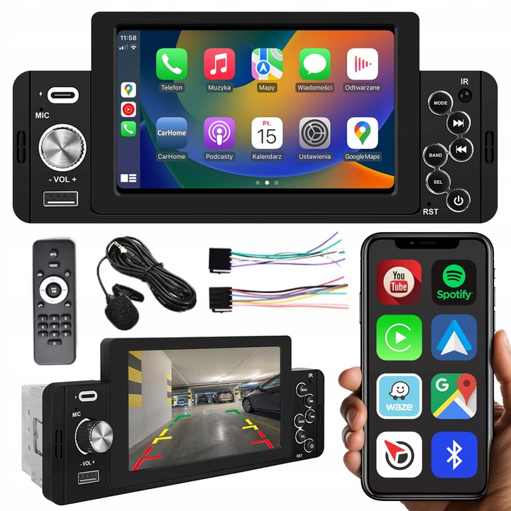RADIO SAMOCHODOWE 1DIN BLUETOOTH 5" EKRAN DOTYK APPLE CARPLAY ANDROID AUTO