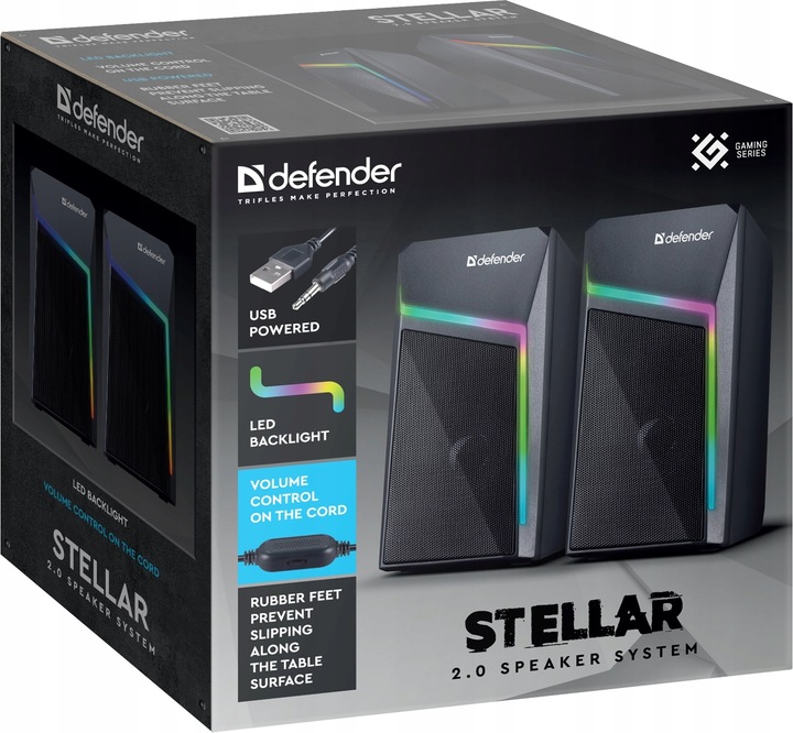 Głośniki Komputerowe 2.0 USB LED Do Komputera Laptopa PC Defender STELLAR
