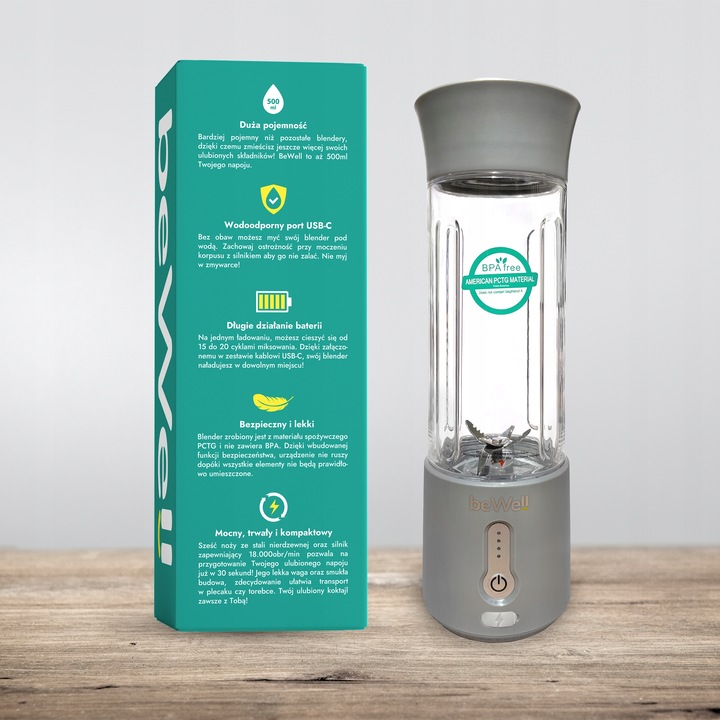 BLENDER KIELICHOWY DO SMOOTHIE I KOKTAJLI RECZNY beWell 500ml BEZPRZEWODOWY
