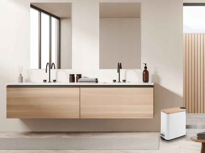 Kosz na śmieci łazienkowy 5l bambus WOLNY OPAD do wc łazienki kuchni biały