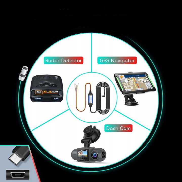 Zestaw Przewodów Do Kamery Samochodowej Micro USB TYP KABEL ACC, BATT ,GND