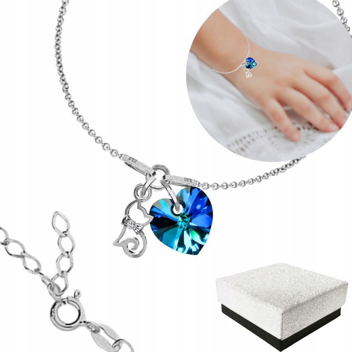 Srebrna Bransoletka dla Dziewczynki Kotek Kot Serce Srebro 925