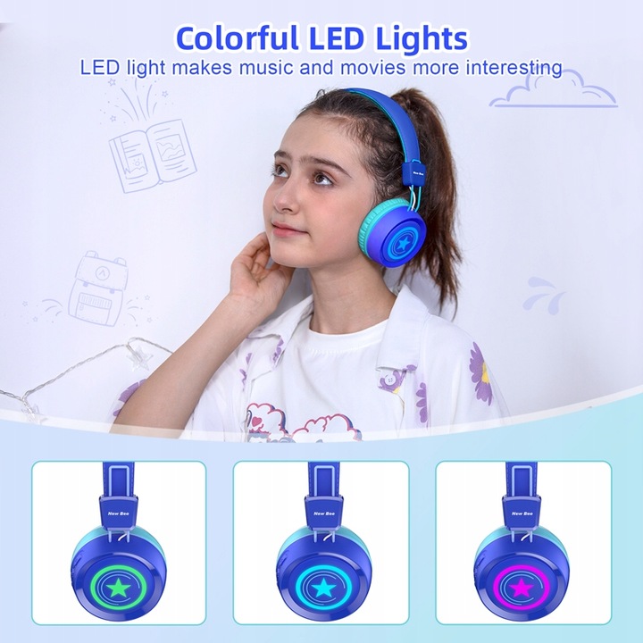 SŁUCHAWKI DLA DZIECI NEW BEE KH22B BEZPRZEWODOWE SKŁADANE LED BLUETOOTH 32h