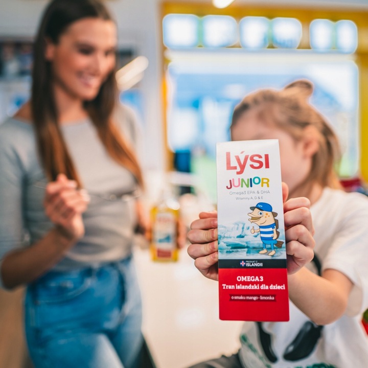 Tran Lýsi dla dzieci mango-limonka OMEGA 3 DHA EPA witaminy A D E 240 ml