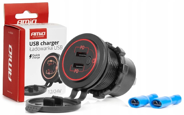 Ładowarka samochodowa z gniazdami 2xUSB-C wodoodporna z włącznikiem 12V 24V