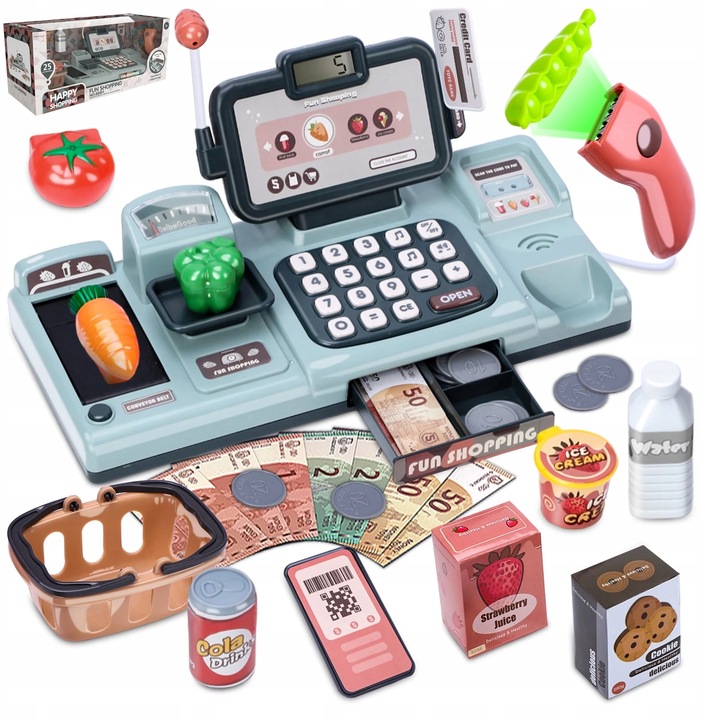 KASA FISKALNA SKLEPOWA INTERAKTYWNA ZAKUPY WAGA SKANER RUCHOMA TAŚMA KOSZYK