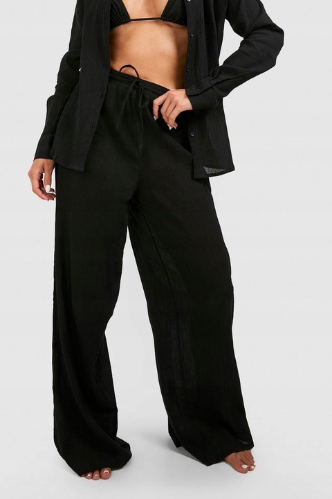 BOOHOO CZARNE LUŹNE SPODNIE PLAŻOWE TEKSTURA M9J NG2__S