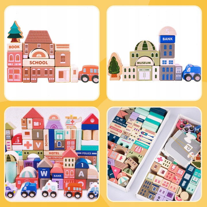 DREWNIANE KLOCKI ZESTAW DROGA MIASTO 115 ELEMENTÓW MATA POJAZDY AKCESORIA