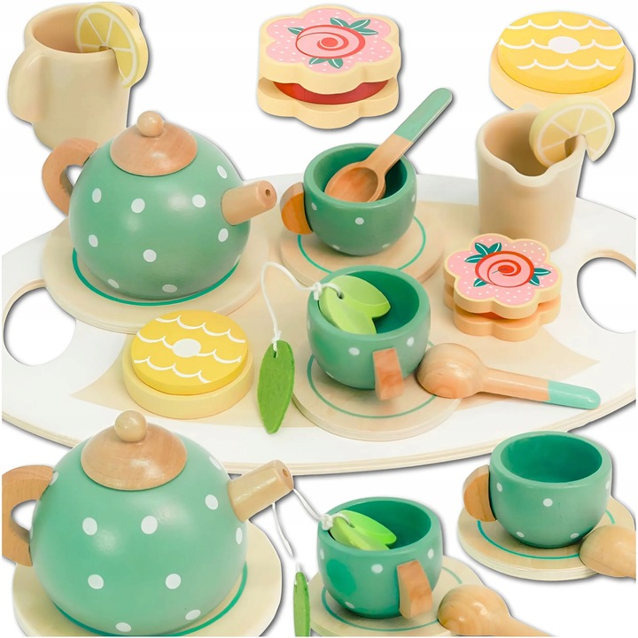ZESTAW DO HERBATY KAWY DLA DZIECI DREWNIANY SERWIS KAWOWY DO ZABAWY PREZENT