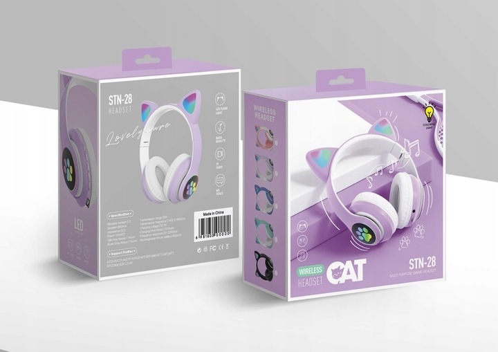 Słuchawki dla dzieci Kotki Bluetooth LED RGB Wrzosowe