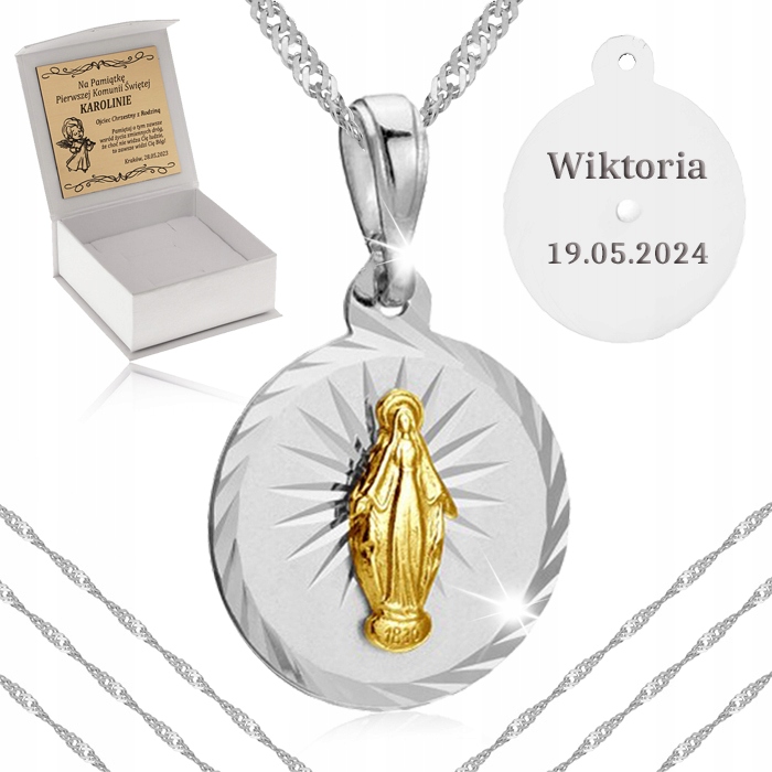 SREBRNY ŁAŃCUSZEK+MEDALIK 925 KOMUNIA CHRZEST ROCZEK DLA DZIEWCZYNKI GRAWER