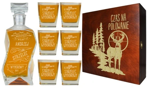 KARAFKA + 6 SZKLANEK DO WHISKY W PUDEŁKU Z GRAWEREM PREZENT DLA MYŚLIWEGO