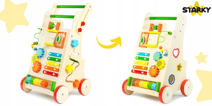 Prezent na roczek jeździk pchacz drewniany chodzik tablica manipulacyjna