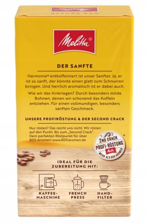 Melitta Harmonie Entcof. bezkofeinowa kawa mielona 500g Import z Niemiec