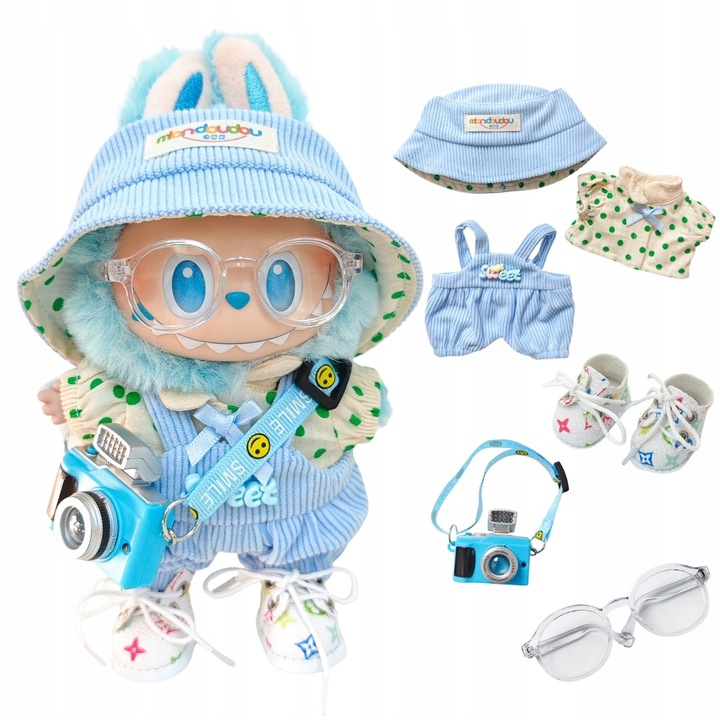 Ubranka dla La bubu 1-3 Gen: Niebieskie Spodnie, Okulary, Buty, Aparat