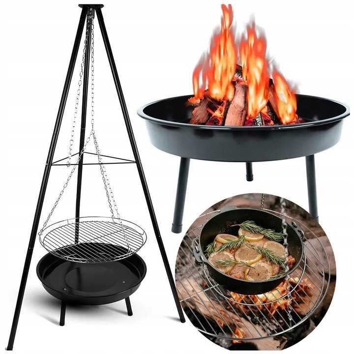 Grill Ogrodowy Wiszący Trójnóg Węglowy Palenisko Ruszt 55 cm BBQ Regulowany