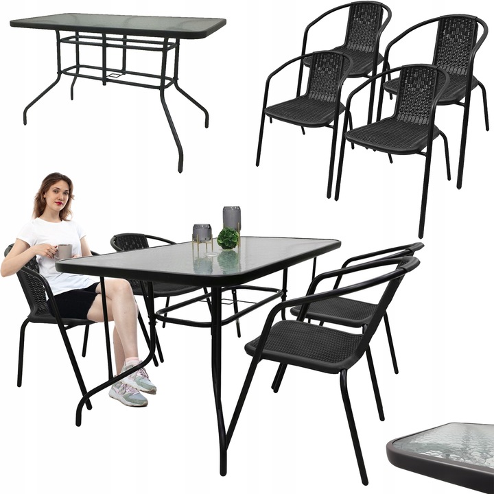 ZESTAW MEBLI OGRODOWYCH NA BALKON STÓŁ 120x70+4x KRZESŁA LORETTO CZARNE MIX