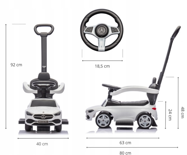Mercedes C-Class Pojazd Z Rączką Dla Dzieci Jeźdźik Autko Pchacz Biały 12m+
