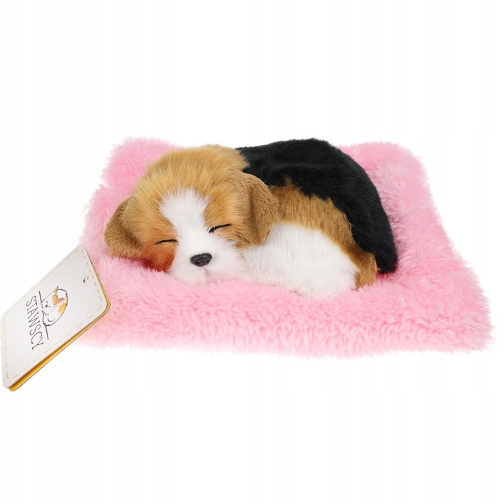 REALISTYCZNY ŚPIĄCY PIESEK NA PODUSZCE JAK ŻYWY figurka DŹWIĘK BEAGLE