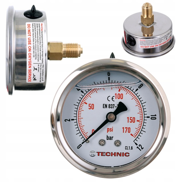 Manometr Glicerynowy Ciśnieniomierz Zegar 63mm 0-12 bar Gwint 1/4" Tylny