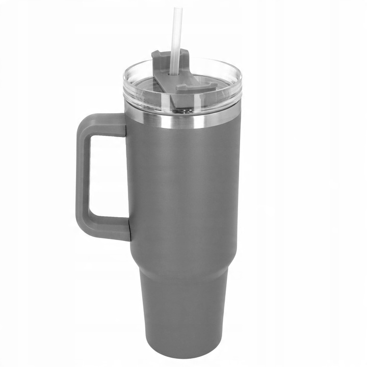 Kubek termiczny ze słomką próżniowy na kawę herbatę szary duży 1,2l