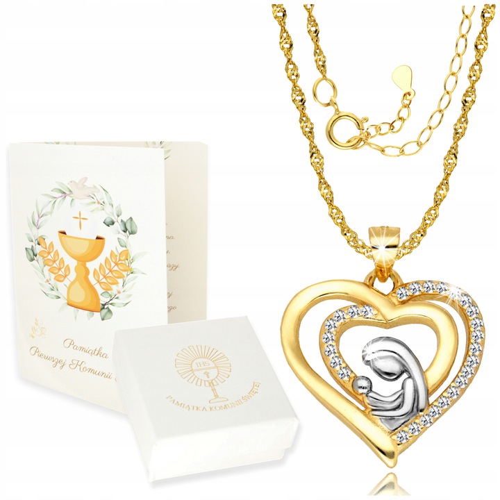 Złoty Łańcuszek z Medalikiem 925/585 Matka Boska w Sercu na Komunię