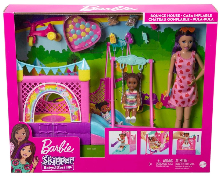 BARBIE SKIPPER LALKA OPIEKUNKA PLAC ZABAW HUŚTAWKA ZAMEK DMUCHANY ROWEREK
