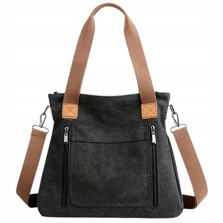 Torebka Miejska Worek Pojemna Na Ramię Grafitowa Czarna Damska Tkanina