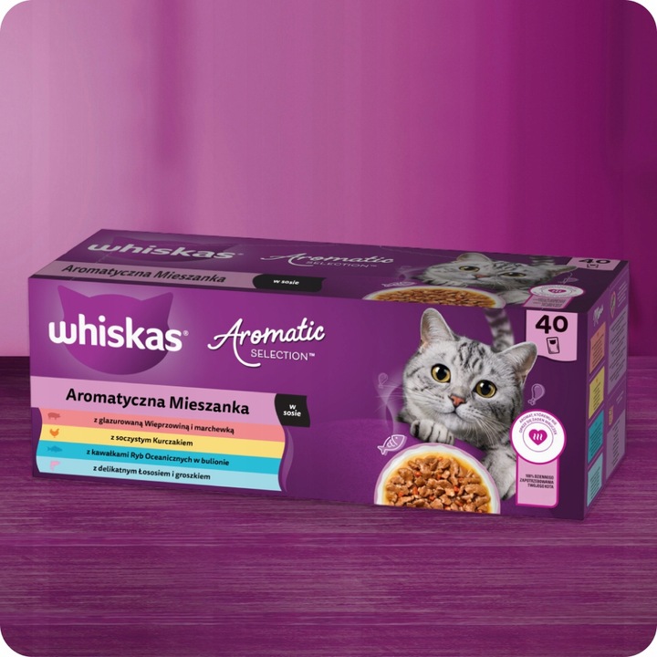 SASZETKI WHISKAS AROMATIC SELECTION AROMATYCZNA MIESZANKA W SOSIE 40X85G