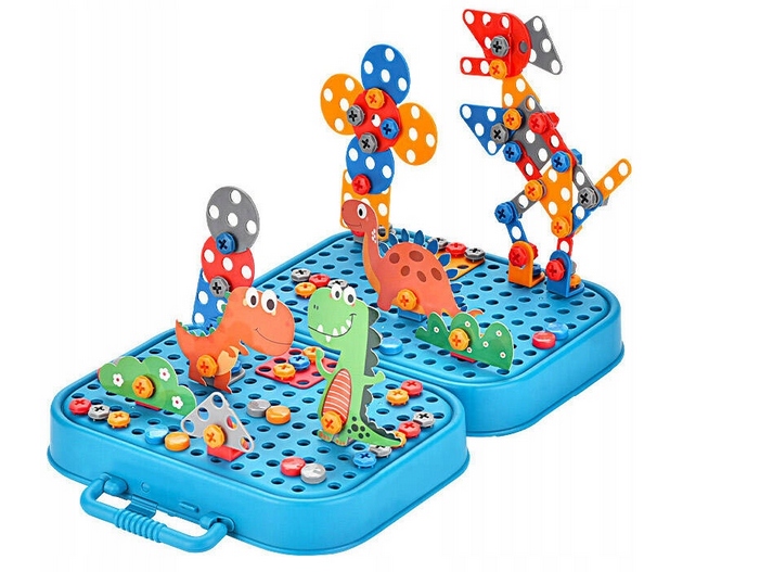 Klocki konstrukcyjne w walizce wkrętarka śrubki do skręcania dinozaur