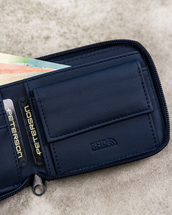 Portfel męski elegancki mały slim wallet Peterson na suwak na karty RFID