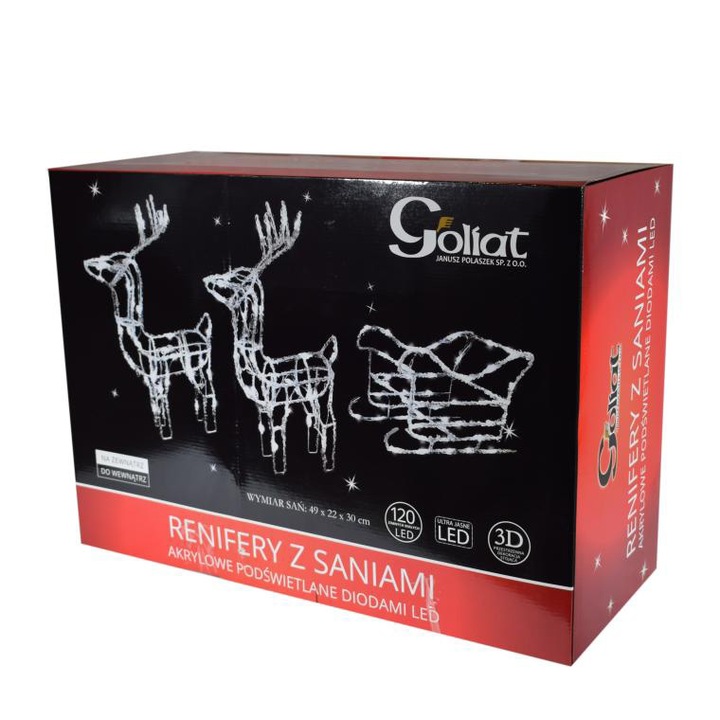 Renifery akrylowe z saniami oświetlenie ozdoba