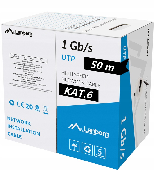KABEL PRZEWÓD SIECIOWY LAN SKRĘTKA RJ45 UTP KAT.6 CAT.6 50M LANBERG
