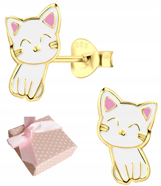 KOLCZYKI SREBRNE DLA DZIEWCZYNKI DZIECI WKRĘTKI SREBRO 925 KOTEK ZŁOTE