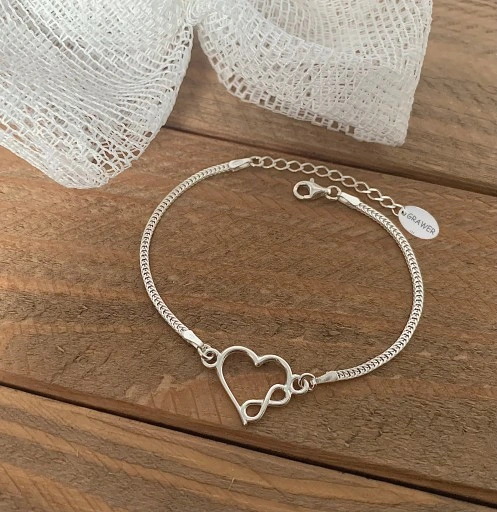 BRANSOLETKA SREBRNA DAMSKA NA RĘKĘ REGULOWANA SERCE NIESKOŃCZONOŚĆ + GRAWER