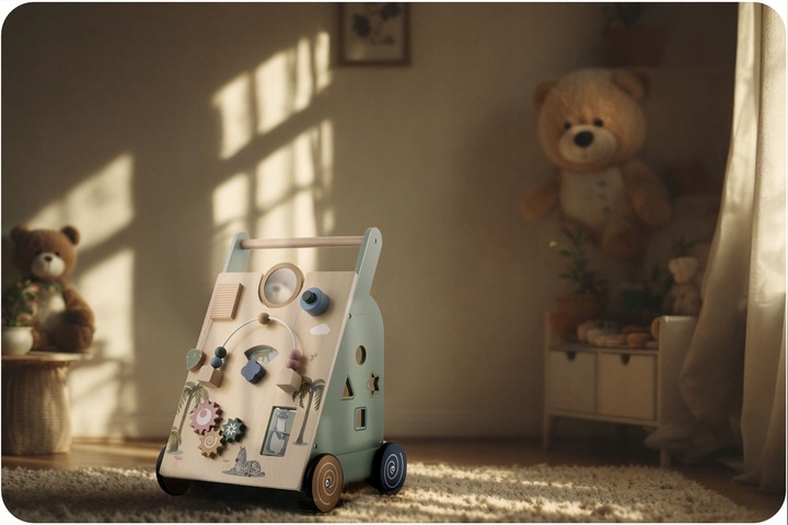 Drewniany chodzik dla dziecka pchacz sensoryczny jeździk do zabawy Nukido