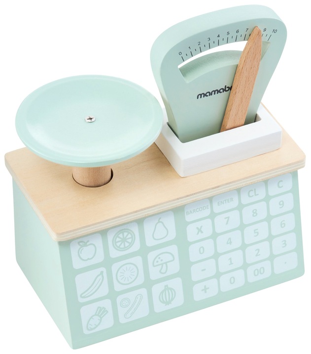 Duży drewniany sklep stragan teatr waga terminal płatniczy warzywa i owoce