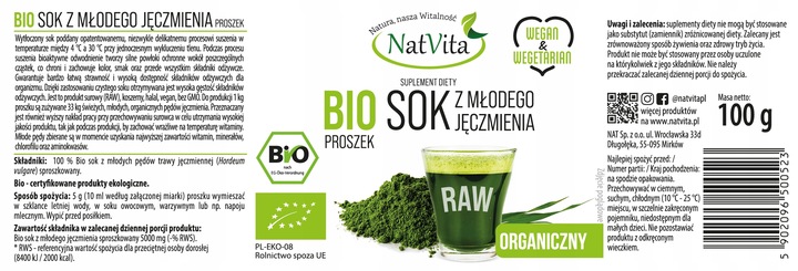Sok z Młodego Jęczmienia BIO Proszek Ekologiczny Witaminy 100g NatVita