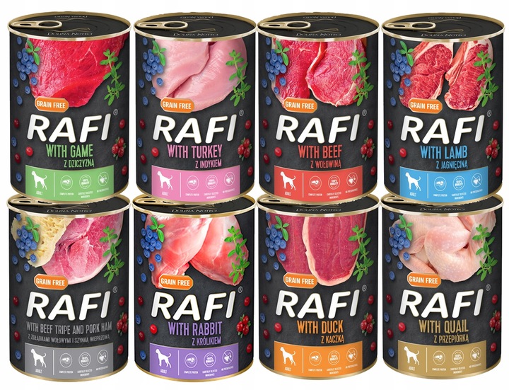 RAFI BEZ ZBÓŻ mokra karma PUSZKI DOLINA NOTECI MIX SMAKÓW DLA PSA 16x400G