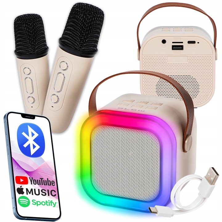 PRZENOŚNY GŁOŚNIK KARAOKE RGB 2 MIKROFONY USB SD MINI JACK BLUETOOTH ZESTAW