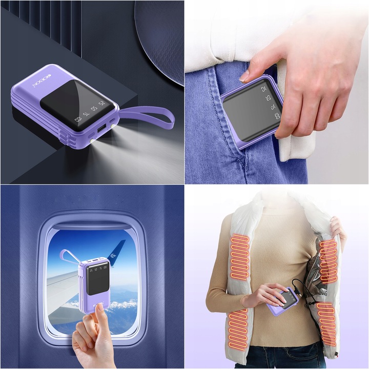 POWER BANK 10000MAH USB/USB-C QC PD WBUDOWANY KABEL Wyświetlacz cyfrowy