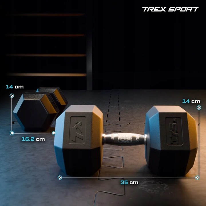 Hantla hex hantel żeliwny do ćwiczeń gumowany żeliwny 17,5kg Trex Sport